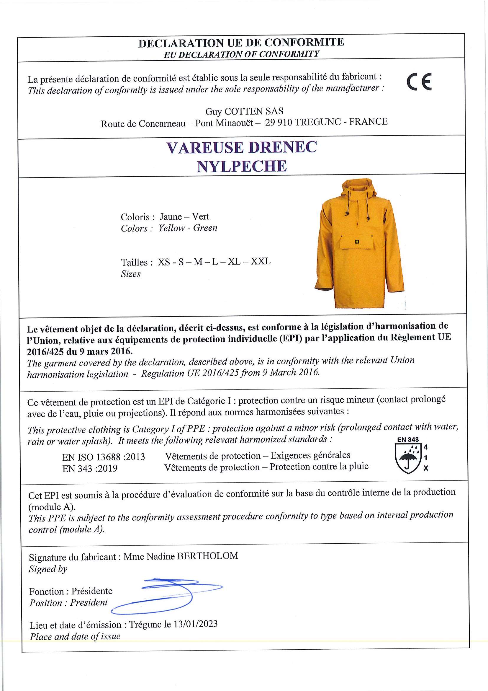 Declaration de conformite vareuse drenec nylpeche